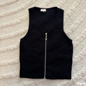 Black Ribbed Zip-Up Knit Vest Minimalist Y2K Basic Grunge Cotton Top